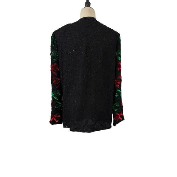 Vtg 80s Lawrence Kazer NY Silk Beaded Jacket Red Green Bows Holiday Partly Sz L - Picture 5 of 10